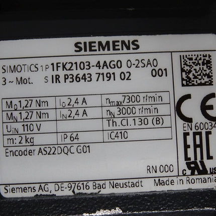Siemens Simotics Servomotor 1FK2103-4AG00-2SA0 3000min Unbenutzt mit Lagerspuren - Maranos.de