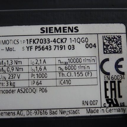 Siemens Simotics Servomotor 1FK7033-4CK71-1QG0 6000min Unbenutzt - Maranos.de