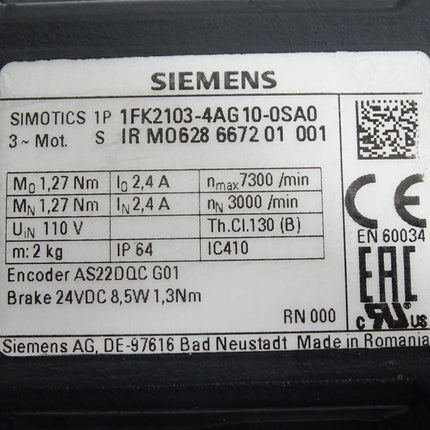 Siemens Simotics Servomotor 1FK2103-4AG10-0SA0 3000min-1 - Maranos.de