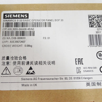 Siemens Sinamics S120 Basic Operator Panel BOP20 6SL3055-0AA00-4BA0 / Neu OVP