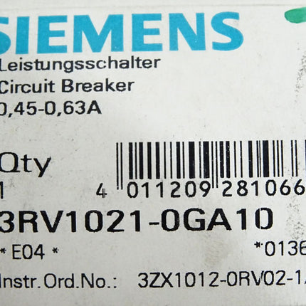 Siemens Leistungsschalter 3RV1021-0GA10 / Neu OVP