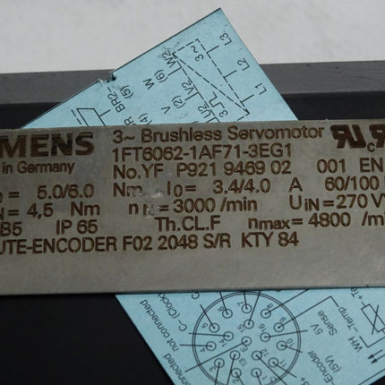 Siemens Servomotor 1FT6062-1AF71-3EG1 3000min-1 / Unbenutzt
