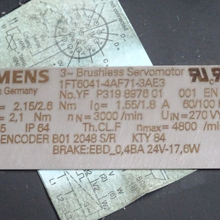 Siemens Servomotor 1FT6041-4AF71-3AE3 3000/min / Erneuert