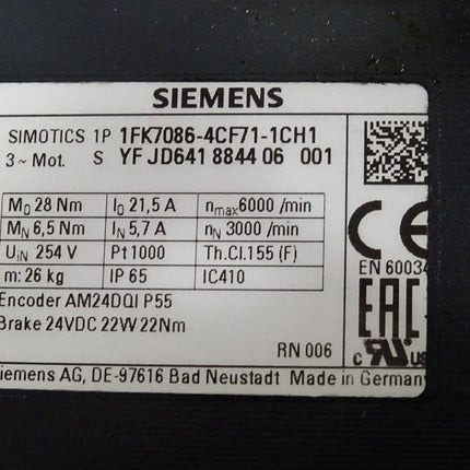 Siemens Simotics Servomotor 1FK7086-4CF71-1CH1 3000/min / Erneuert