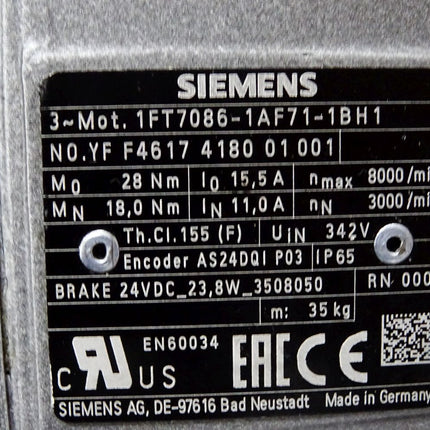 Siemens Simotics Servomotor 1FK7086-1AF71-1BH1 3000/min / Erneuert