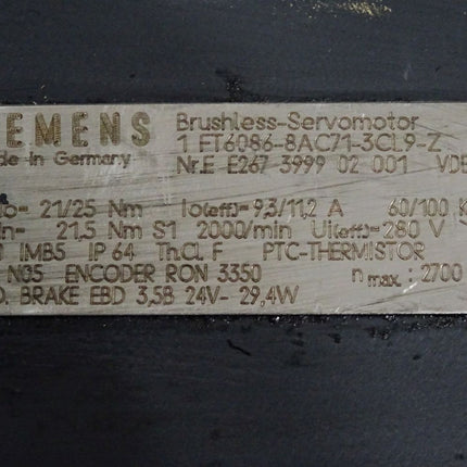 Siemens Servomotor 1FT6086-8AC71-3CL9-Z 2000/min
