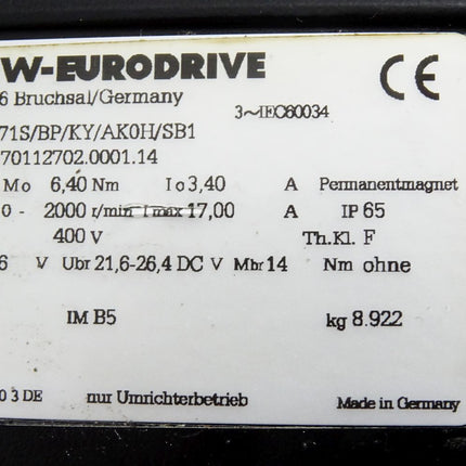 SEW Eurodrive Servomotor CMP71S/BP/kY/AK0H/SB1 2000r/min / Erneuert