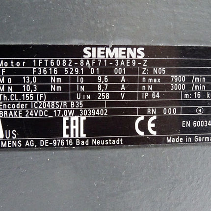 Siemens Servomotor 1FT6082-8AF71-3AE9-Z 3000/min / Erneuert