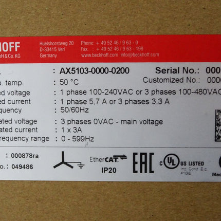 Beckhoff AX5103-0000-0200 Digital Kompakt Servoverstärker / Neu OVP versiegelt - Maranos.de