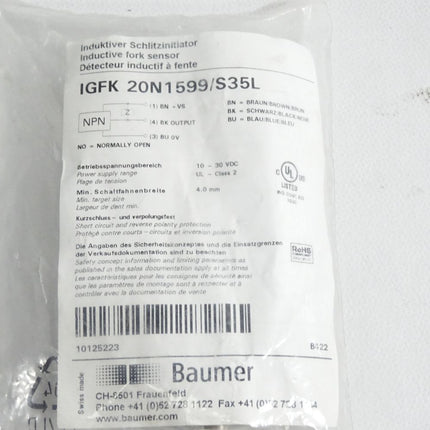Baumer electric Induktiver Schlitzinitiator IGFK 20N1599/S35L 10125223 / Neu OVP