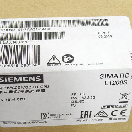 Siemens IM151-7 CPU 6ES7151-7AA21-0AB0 6ES7 151-7AA21-0AB0 / Neu OVP versiegelt - Maranos.de