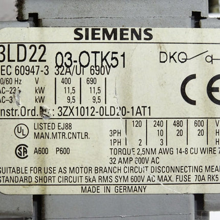 Siemens Hauptschalter 3LD22 3LD2203-0TK51 Lasttrennschalter - Maranos.de