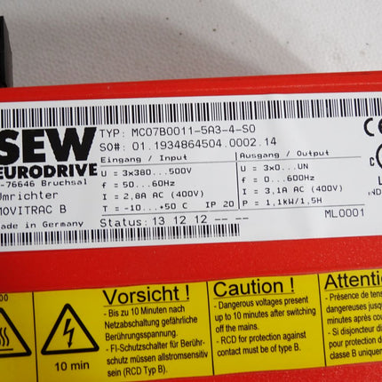 SEW Eurodrive Movitrac Umrichter MC07B0011-5A3-4-S0 1.1kW - Maranos.de