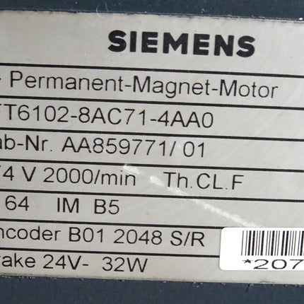 Siemens Servomotor 1FT6102-8AC71-4AA0 2000min-1 - Maranos.de
