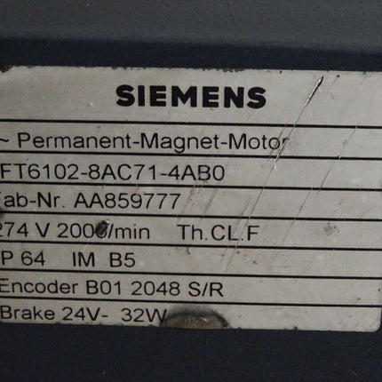 Siemens Servomotor 1FT6102-8AC71-4AB0 2000min-1 - Maranos.de