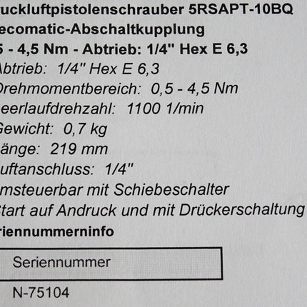 Cooper Cleco Druckluftpistolenschrauber 5RSAPT-10BQ 0.5-4.5Nm 1/4" /Neuwertig