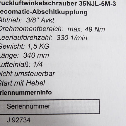 Cooper Cleco Druckluftwinkelschrauber 35NJL-5M-3 / Neuwertig
