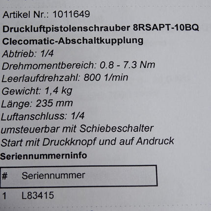 Cooper Cleco Druckluftpistolenschrauber 8RSAPT-10BQ / Neuwertig - Maranos.de
