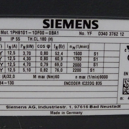 Siemens Servomotor 1PH8101-1DF00-0BA1 1500r/min 3.7kW / Neuwertig - Maranos.de