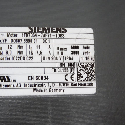 Siemens Servomotor 1FK7064-7AF71-1DG3 3000rpm 2.5kW / Neuwertig mit Lagerspuren - Maranos.de