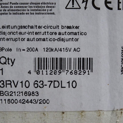 Siemens Leistungsschalter 200A 415VAC 3RV1063-7DL10 / Neu OVP - Maranos.de