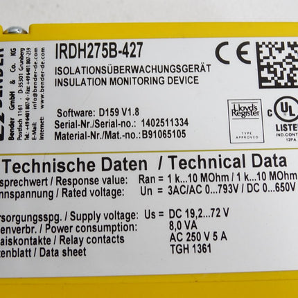 Bender IRDH275B-427 Isoltaionsüberwachungsgerät - Maranos.de