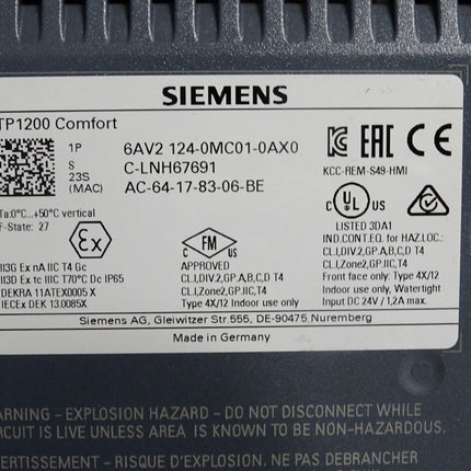 Siemens TP1200 Comfort Panel 6AV2124-0MC01-0AX0 6AV2 124-0MC01-0AX0