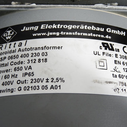 Jung Elektrogerätebau Rittal Toroidal Autotransformer 312818 RSP065040023003