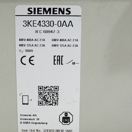 Siemens 3KE4330-0AA Lasttrennschalter 3-polig I=400A U=690V / Unbenutzt - Maranos.de