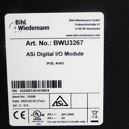 Bihl+Wiedemann ASi Digitales E/A Modul, IP20, 4E/4A BWU3267 19268 / Neu OVP