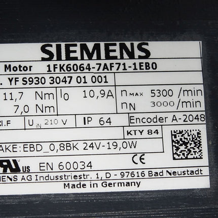 Siemens Servomotor 1FK6064-7AF71-1EB0 3000min-1 / Erneuert