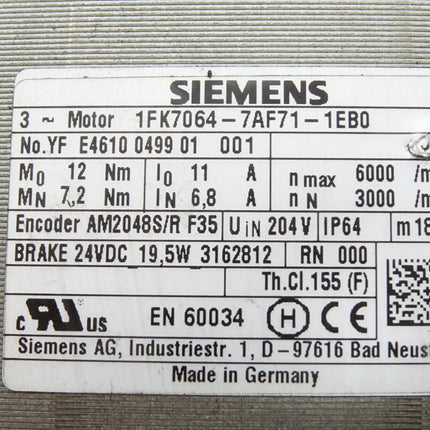 Siemens Servomotor 1FK7064-7AF71-1EB0 3000min-1