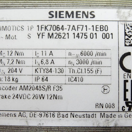 Siemens Servomotor 1FK7064-7AF71-1EB0 3000min-1