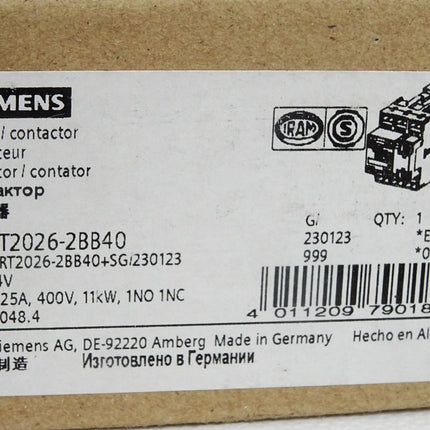 Siemens Leistungsschütz AC-3e/AC-3 3-polig DC 24V 3RT2026-2BB40 / Neu OVP