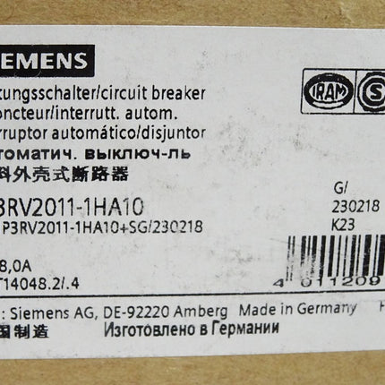 Siemens Leistungsschalter für den Motorschutz 3RV2011-1HA10 / Neu OVP