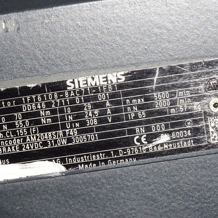 Siemens Servomotor 1FT6108-8AC71-1EB1 2000min-1