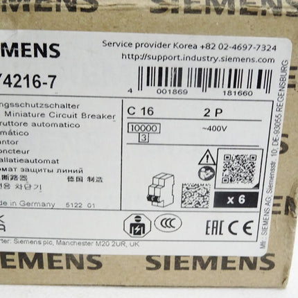 Siemens Leistungsschutzschalter 5SY4216-7 MCB C16 Preis pro Stück / Neu ohne OVP