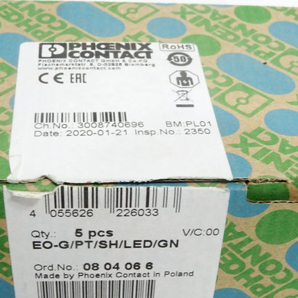 Phoenix Contact Steckdose EO-G/PT/SH/LED/GN 0804066/ Inhalt:5 Stück / Neu OVP