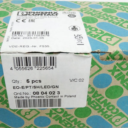 Phoenix Contact Steckdose EO-E/PT/SH/LED/GN 0804023/ Inhalt:5 Stück / Neu OVP