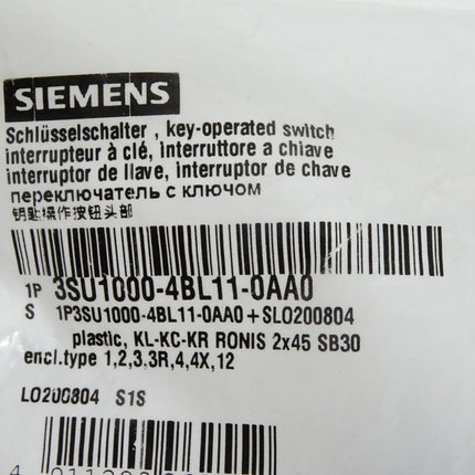 Siemens Schlüsselschalter 3SU1000-4BL11-0AA0 2x45 / Neu OVP versiegelt