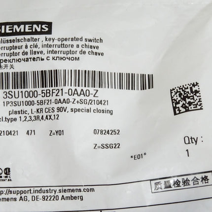 Siemens Schlüsselschalter 3SU1000-5BF21-0AA0-Z Y01 / Neu OVP versiegelt