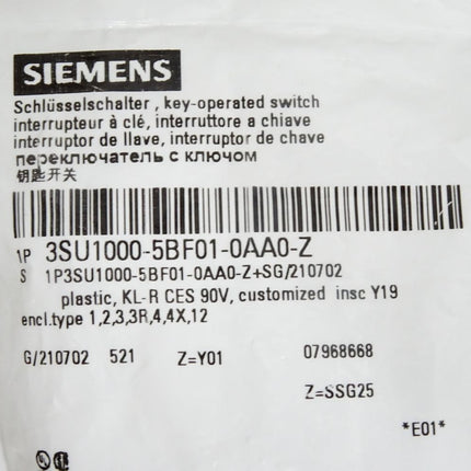 Siemens Schlüsselschalter 3SU1000-5BF01-0AA0-Z Y01 / Neu OVP versiegelt