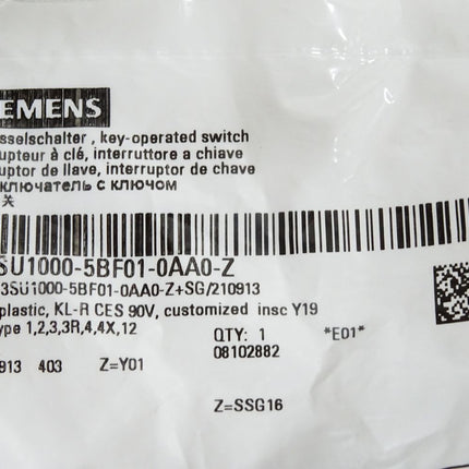 Siemens Schlüsselschalter 3SU1000-5BF01-0AA0-Z Y01 / Neu OVP versiegelt