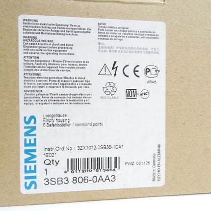 Siemens Gehäuse für Befehlsgeräte 3SB3806-0AA3 3SB3 806-0AA3 / Neu OVP