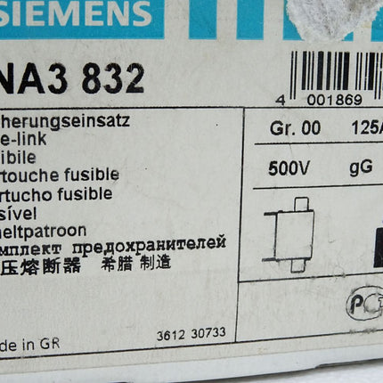 Siemens NH-Sicherungseinsatz 3NA3832 gr.00 125A 500V gG / 1 Stück / Neu OVP