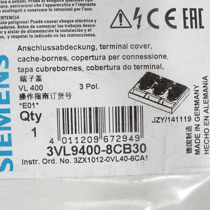 Siemens Anschlussabdeckung für VL400 3VL9400-8CB30 / Neu OVP