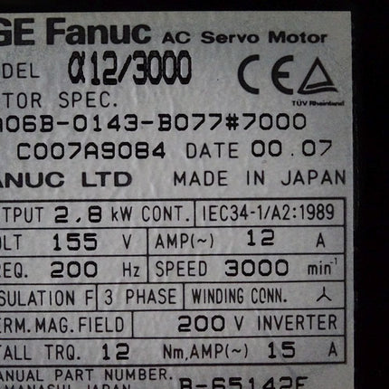 GE Fanuc Servomotor Alpha12/3000 A06B-0143-B077 #7000 2.8kW 3000min-1 - Maranos.de
