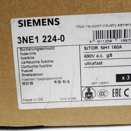 Siemens Sicherungseinsatz 3NE1224-0 Sitor NH1 160A 690VAC gS Inhalt:3 Stück Neu - Maranos.de