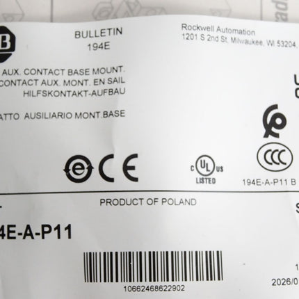 Allen Bradley Hilfskontakt-Aufbau 194E-A-P11 / Neu OVP