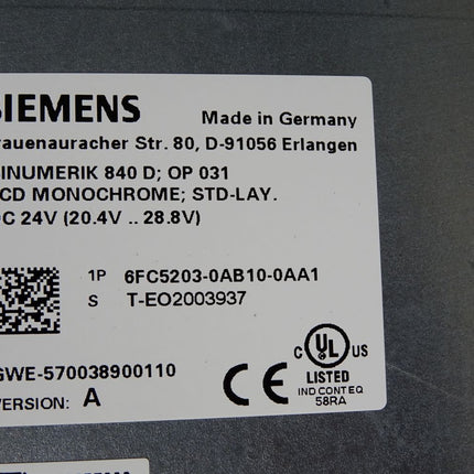 Siemens Sinumerik 840D Panel OP031 6FC5203-0AB10-0AA1 / Neuwertig OVP